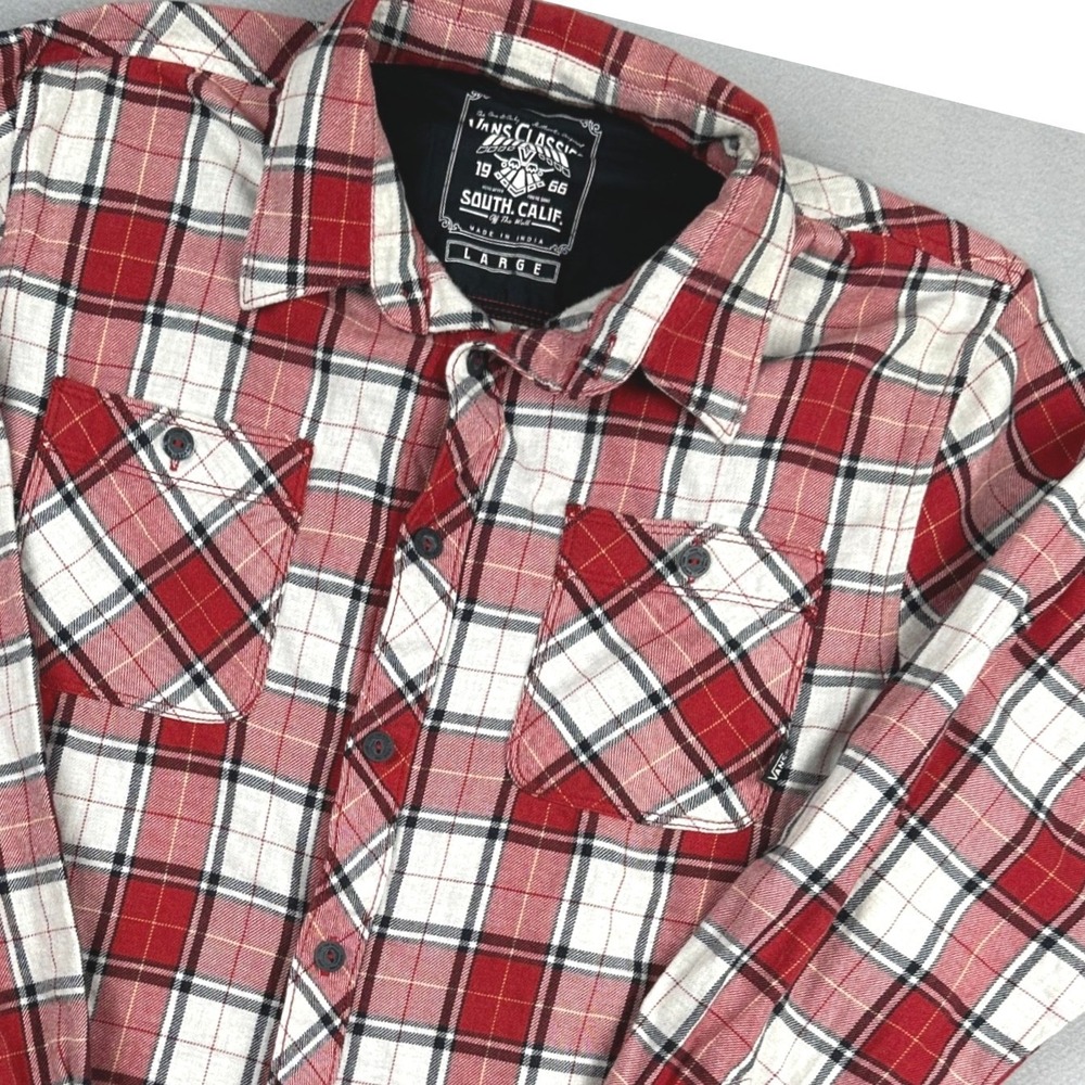 Vans Classics Mens Large Red White Black Plaid Flannel Button Down Shirt
